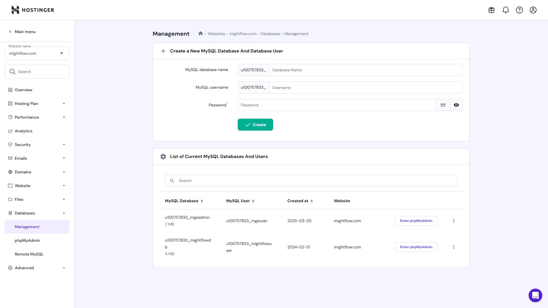 Database creation screen